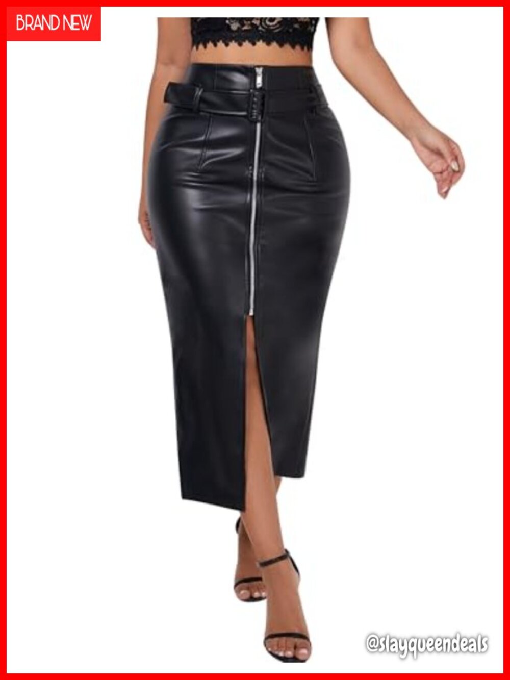 Women's High Waist PU Leather Midi Skirt with Belt and Front Slit